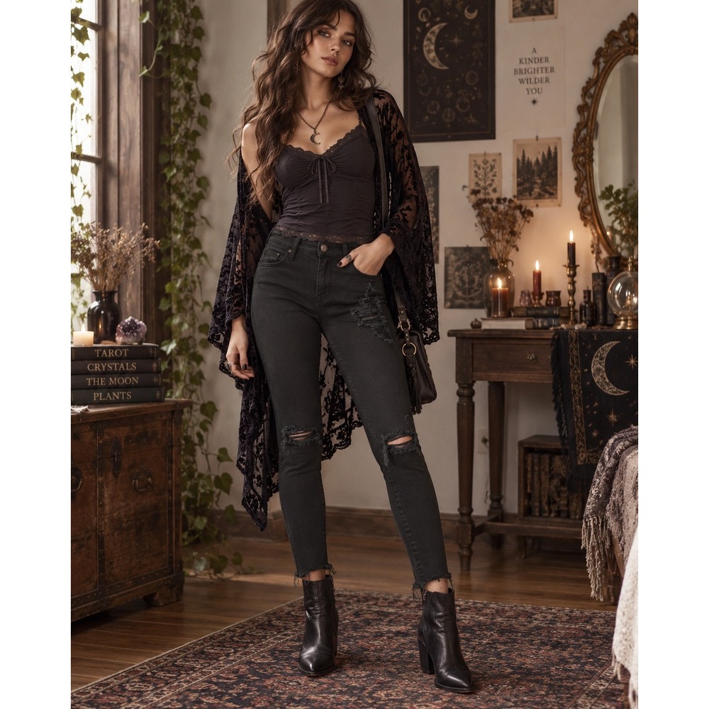 Mother The Looker Ankle Fray Jeans Black Denim Distressed Skinny Womens 24 Goth